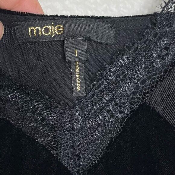 Maje Size 1 Black Velvet Sleeveless Top Lace Lisa Slip Camisole Faux Leather - Picture 4 of 12